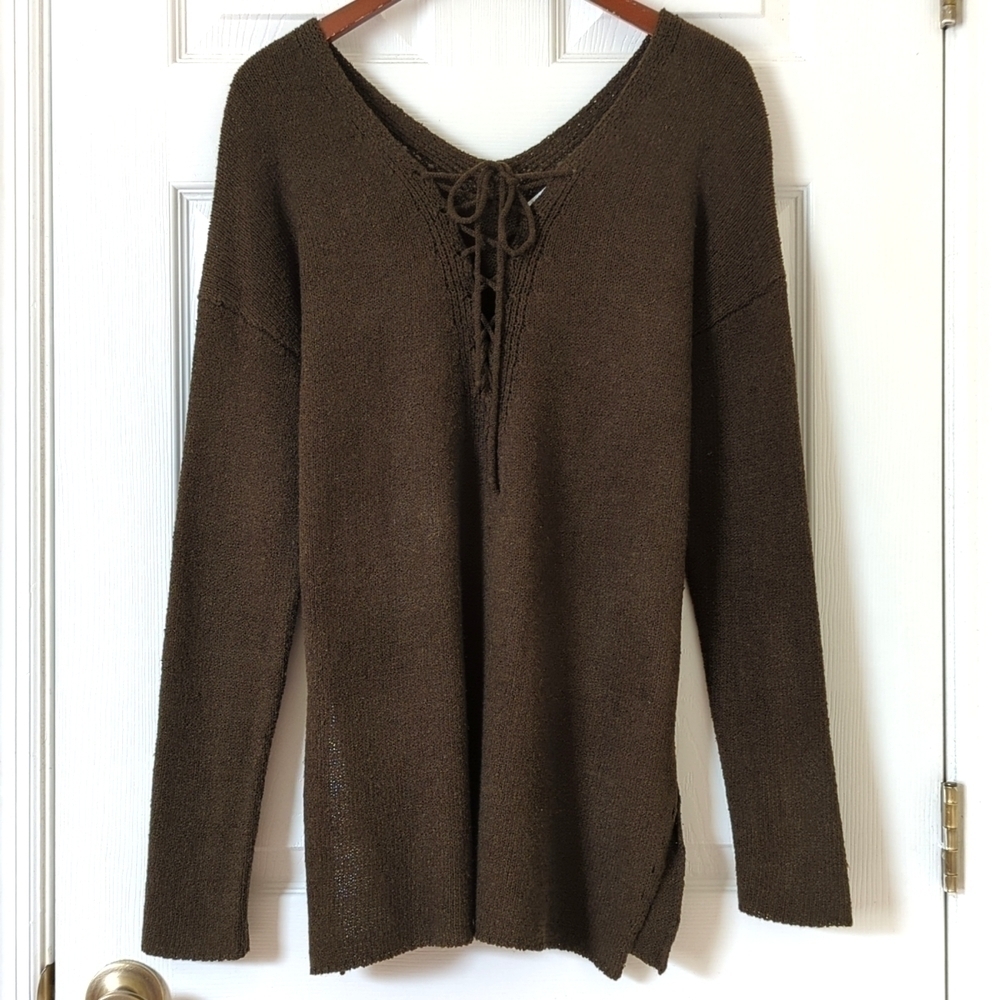 ASTR The Label Classic Knit Oversized Lace Up V-neck Peasant Sweater Dark Olive
